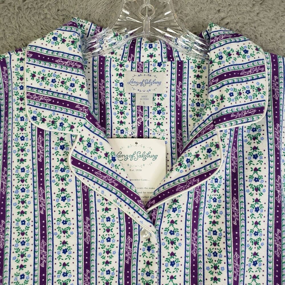 Lanz Of Salzburg Pajama Set Womens Large White Floral Flannel Button Up New - Picture 9 of 14